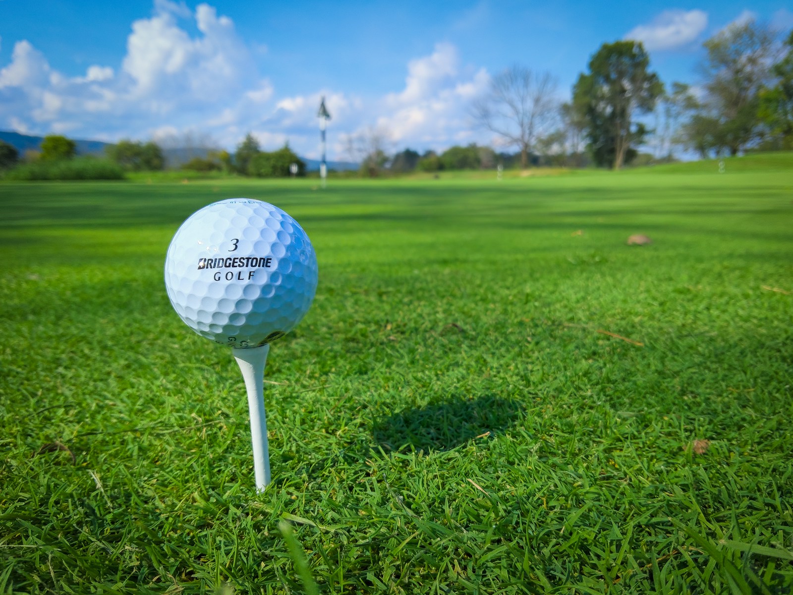White golf ball on white golf tee with golf course behind it.
